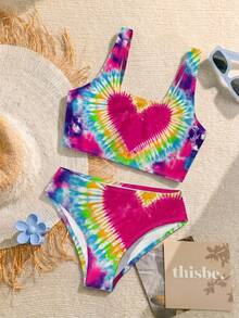 SHEIN Setelan Baju Renang Crop Top & Bottom Motif Tie-Dye Hati Minimalis Kasual untuk Anak Perempuan Remaja, Cocok untuk Musim Panas - MultiWarna - View 2