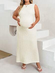 Plussiva Plus Size Solid Color Round Neck Sleeveless Fitted Elegant Maternity Chic Dress Photoshoot Summer Baby Shower Birthday Cream - Apricot - View 6