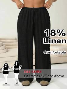 SHEIN Tall CURVE 大尺碼女款素色抽繩腰休閒百搭日常穿搭長褲 - 黑色 - 查看 6