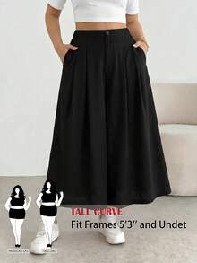 SHEIN Tall CURVE Plus Size Women's Solid Color Pocket Casual Wide Leg Cropped Pants Formal Office Brunch Bussines Teacher Black Autumn Teachers' Day - Black - View 2