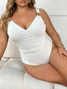 SHEIN CURVE+ Plus Size Solid Color Metal Decor Ruched One-Piece Swimsuit - White - View 4