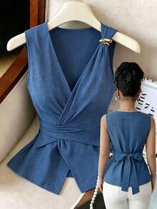 Elenzga Haze Blue V-Neck Shoulder Strap Tie-Knot Back Bow Sleeveless Blouse, Summer Metal Buckle Waist-Cinched Slimming Top For Women - Dusty Blue - View 8
