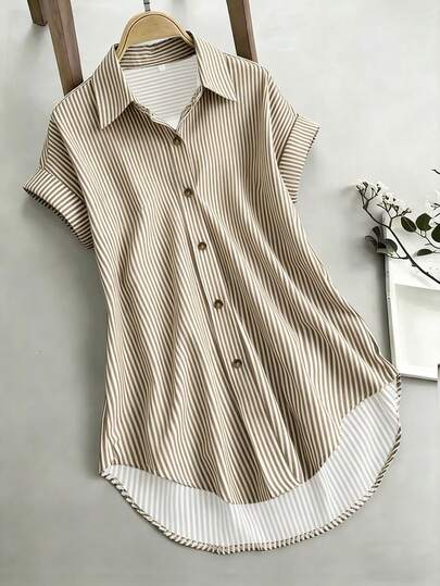 EMERY ROSE Women's Striped Short Sleeve Single-Breasted Casual Shirt