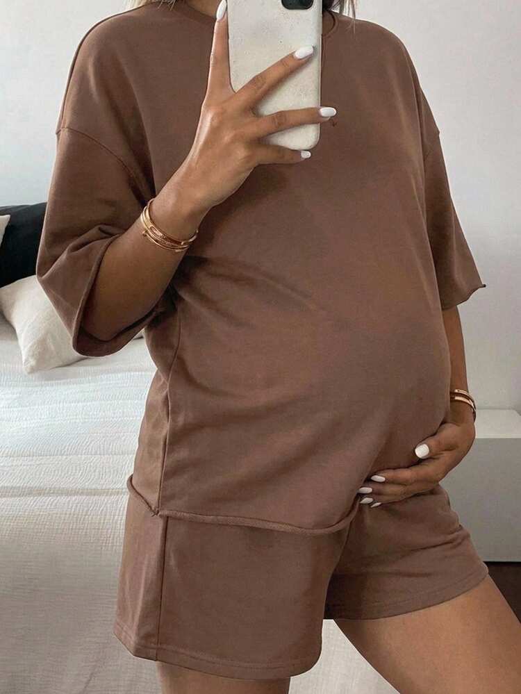 DAZY Round Neck Loose Short Sleeve Top Elastic Waist Shorts Casual Sports Set Maternity 2 Pieces Set - Brown - View 6