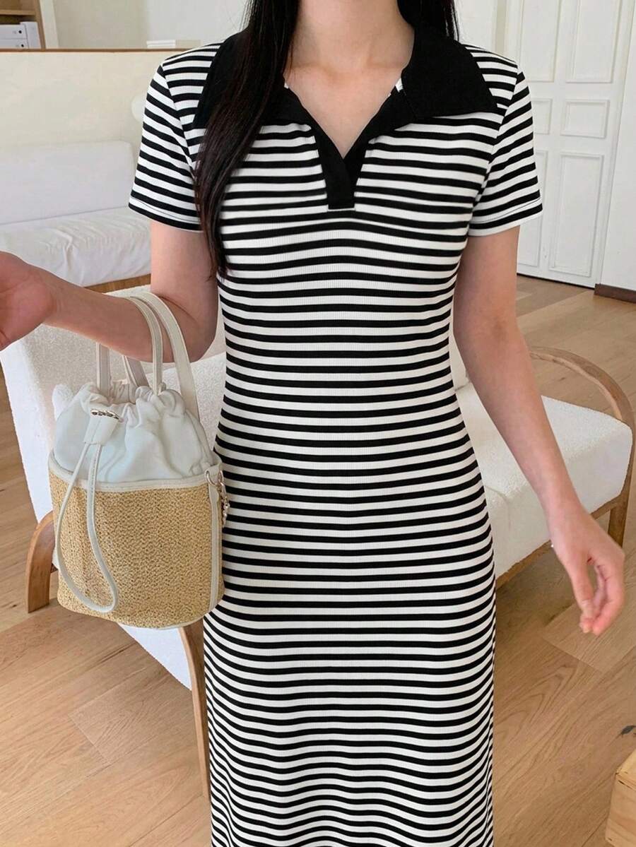 DAZY 女款修身海軍藍翻領收腰半開襟中長洋裝 夏季 - 黑與白 - 查看 1