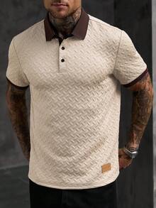 Manfinity Homme Men's Knitted Jacquard Solid Color Textured 3-Button Collar, Cuffs And Hem Ribbed Black Pique Polo Shirt - Apricot - View 7