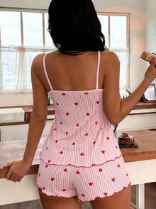 SHEIN Set Piyama Camisole dan Celana Pendek Motif Hati Bergaris untuk Wanita - MultiWarna - View 2