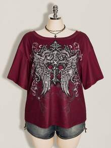 SHEIN ICON Women's Plus Size Cross Gothic Pattern T-Shirt - Burgundy - View 3