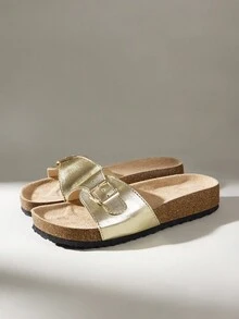 Solecia 女款時尚厚底拖鞋，適合春夏度假穿著，春季假期、復活節、聖誕節通用鞋 - 金色 - 查看 2