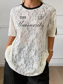 DAZY Lace Letter Print Loose Short Sleeve Casual Vacation Summer Women's T-Shirt School - Apricot - View 5