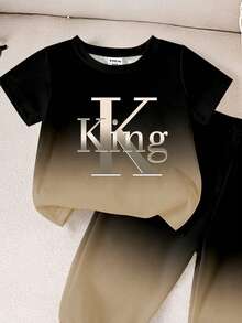 1套男嬰休閒時尚簡約字母KING印花漸層圓領短袖T恤與配套長褲套裝，柔軟夏秋衣著 - 彩色 - 查看 4