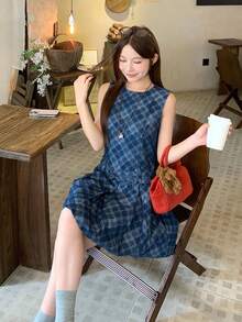 DAZY Women's Round Neck Plaid Sleeveless Korean Style Denim Dress School - Blue - View 5