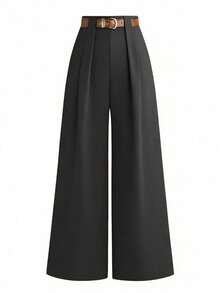 SHEIN Tall CURVE 加大码 TALL 系列女士简约褶裥直筒裤，适合通勤 - 灰色 - 查看 7