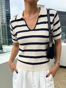 DAZY 條紋 Polo 領短袖休閒春夏女款針織上衣 - 黑色 - 查看 4