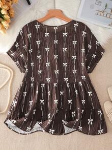 SHEIN LUNE 大尺碼女款蝴蝶結圖案短袖休閒圓領上衣 - 棕色 - 查看 2