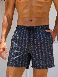 Manfinity Swimmode Celana Pendek Pantai Pria Motif Cetak Seluruh Permukaan dengan Tali Serut di Pinggang dan Kantong, Cocok untuk Liburan / Pantai / Hawaii / Tropis / Berenang / Mandi - Hitam dan Putih - View 4