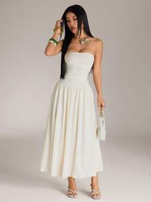 SHEIN PETITE Women's Summer New Cream White Knitted Texture Dress,Summer Dresses For Women,Petite Women Vacation Elegant Sexy - Apricot - View 4