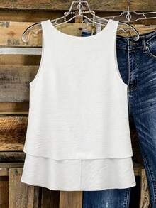 Linhara Round Neck Sleeveless Double-Layer Design Apricot Plus Size Camisole And Tank Top, Suitable For Spring, Summer And Autumn - White - View 2