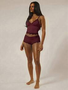 MUSERA Triangle Bust Lace Trim Adjustable Strap Cami Top And Fitted Boxer Boyshort Multipack Set Lingerie Nightwear Pajamas - Chocolate Brown - View 5