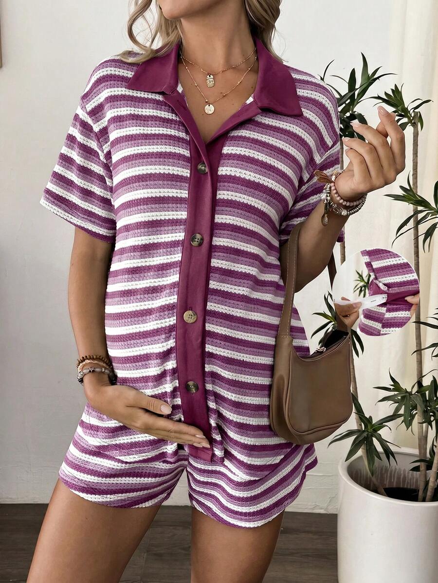 SHEIN 孕婦兩件套 短袖漸層條紋上衣與彈性腰綁帶短褲 - 紫色 - 查看 1