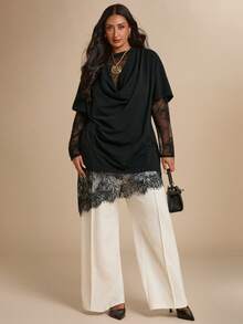 SHEIN BAE CURVE (NO Dress)Plus Size Women's Black Lace Patchwork Top,Everyday Casual T-Shirt,Autumn Solid Color Asymmetrical Hem T-Shirt,Spring & Summer ,Black Top - Black - View 7