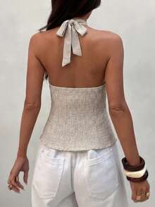 Selianne Spring/Summer Women's Metal Buckle Hanging Collar Asymmetric Hem Tie Back Open Back Elegant Sexy Blouse, Date Vacation Daily Party Top Light Grey - Apricot - View 2
