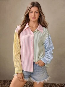 SHEIN LUNE Camisa casual de manga larga a rayas con un solo botón para mujer de talla grande - Rosa - Ver 7