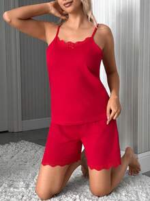 SHEIN Cottnline Women's Red Lace Trim Pajama Sets - Red - View 5