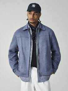 ÉpureWay Men's Long Sleeve Solid Color Zipper Jacket, Simple Casual Style For Daily Wear, For Fall - Dusty Blue - View 4