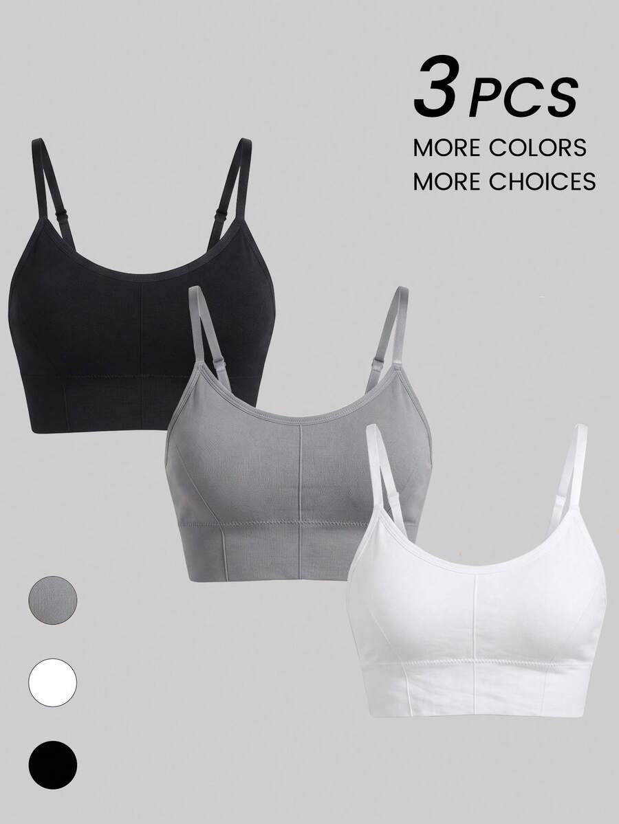 Sweetra 3pcs Medium Support Solid Sports Bra - Multicolor - View 1