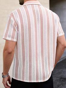 Manfinity Homme 男士休閒條紋針織襯衫，翻領領口附鈕扣 - 粉色 - 查看 2