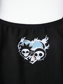 Rick and Morty X SHEIN Skull Print Camisole & Hipster Panty Lingerie Set - Black - View 5