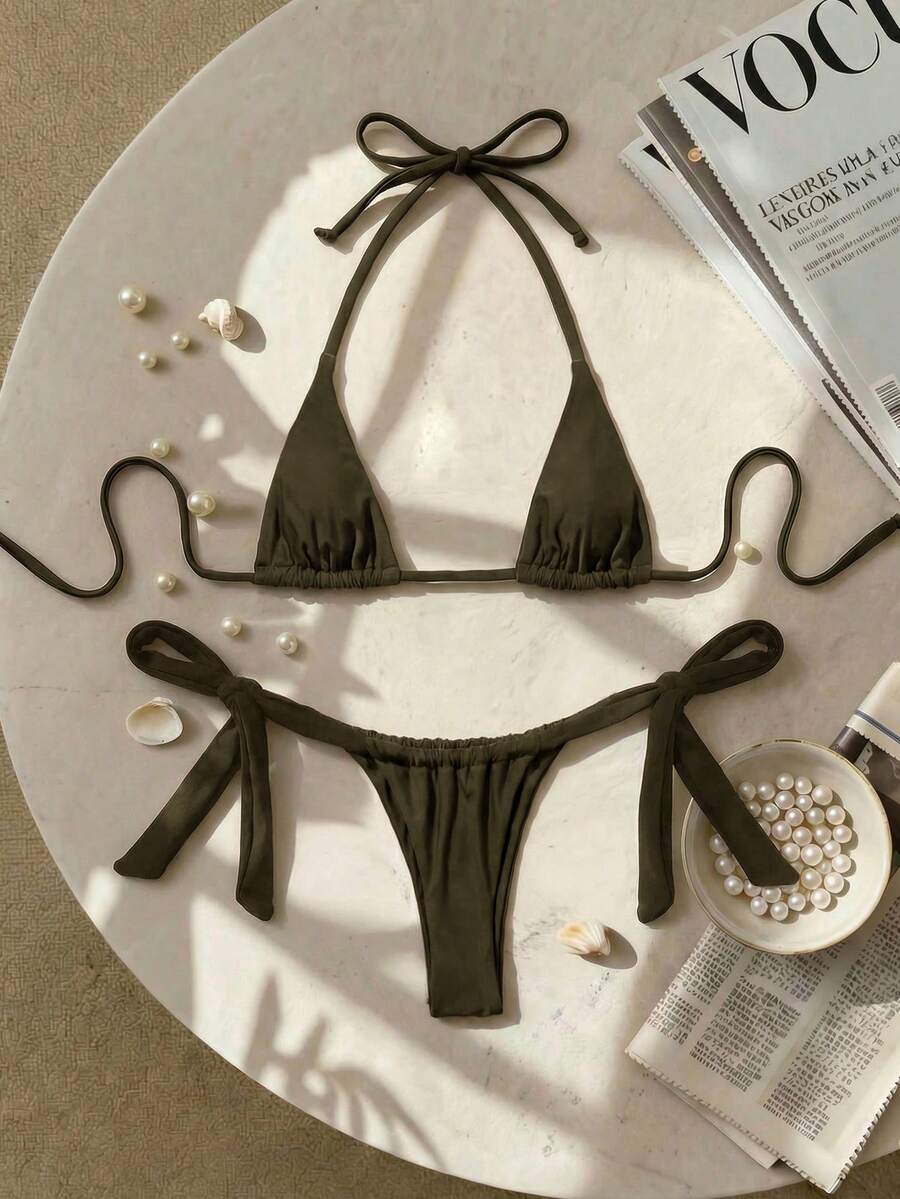 Swim SXY 性感迷你罩杯蝴蝶結肩帶女款泳衣套裝 - 軍綠色 - 查看 1