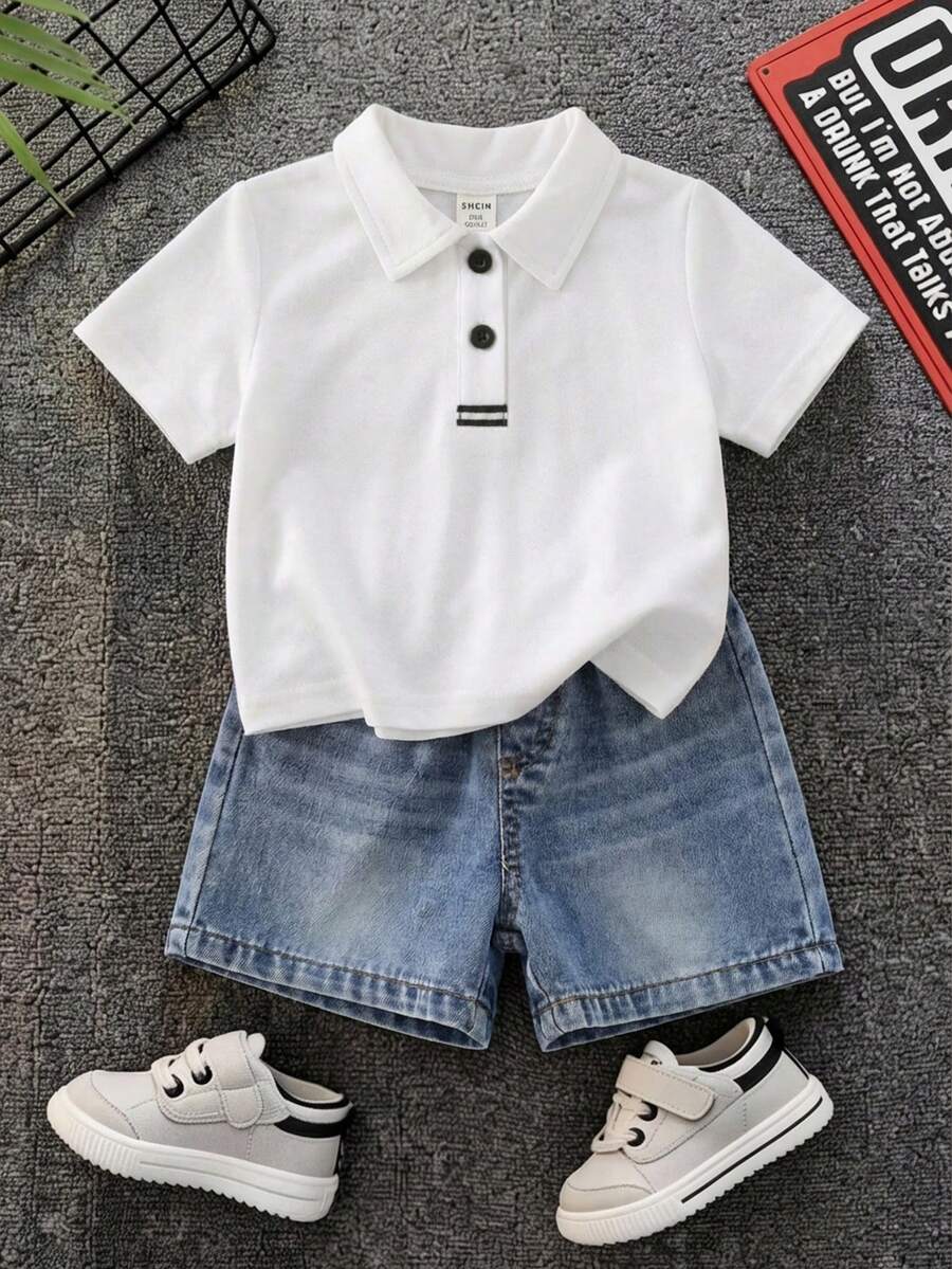 SHEIN 2件套男婴学院风休闲红色Polo衫和蓝色牛仔短裤套装,适合夏季生日派对、锐舞派对、晚宴、演出、婚礼、迎婴派对和一周岁生日庆祝活动。 - 白色 - 查看 1