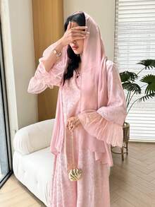 Al Najma Spring Summer Pink Mesh Patchwork Loose Slimming Dress - Pink - View 7