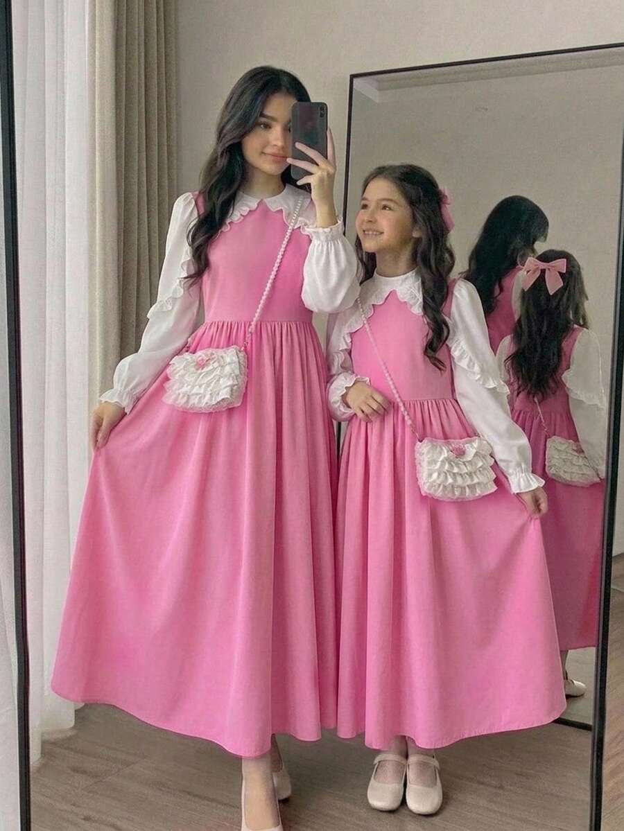 Tween女孩休閒學院風日常百搭舒適拼接撞色領口洋裝返校穿搭 - 粉色 - 查看 1