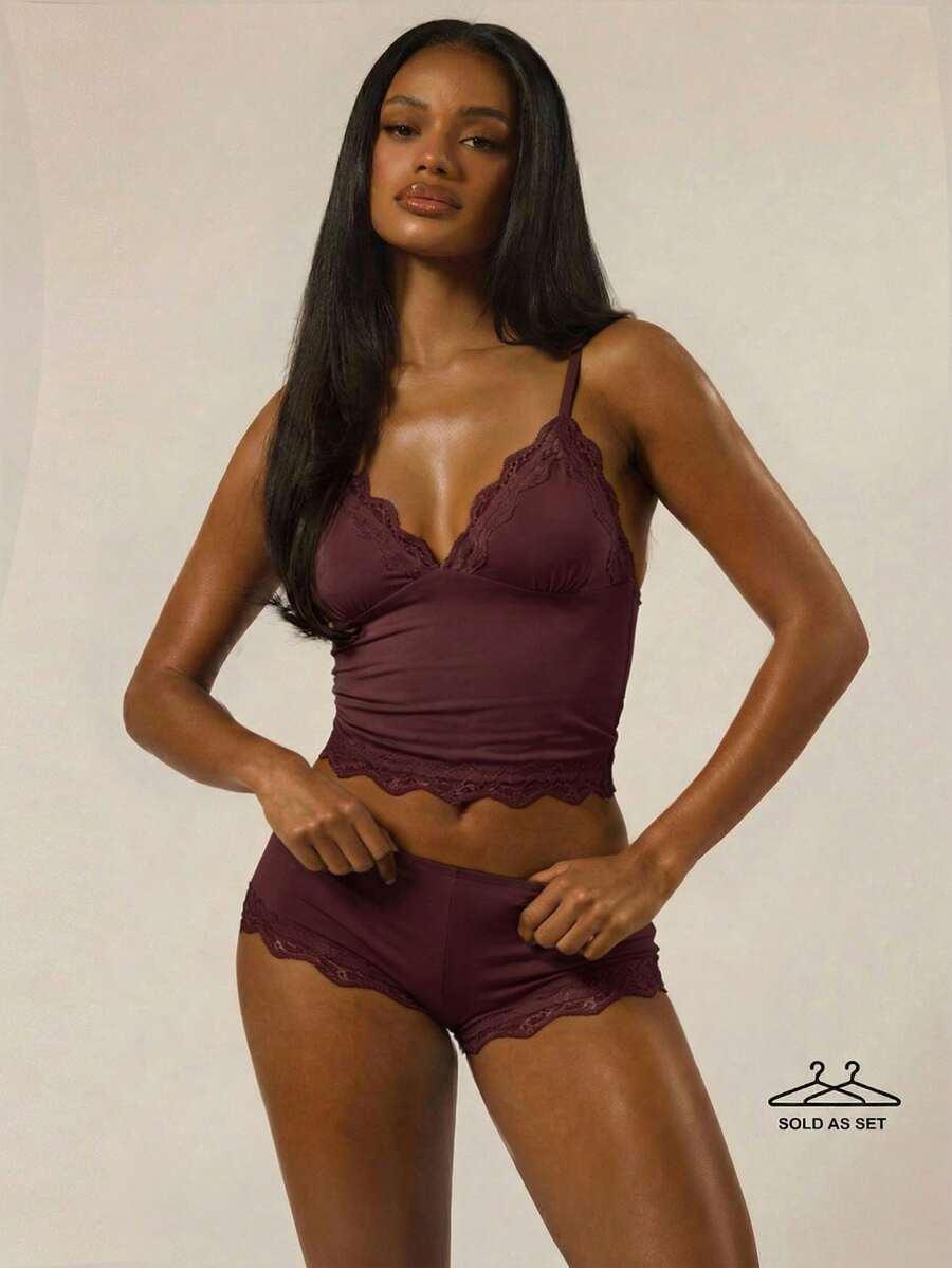 MUSERA Triangle Bust Lace Trim Adjustable Strap Cami Top And Fitted Boxer Boyshort Multipack Set Lingerie Nightwear Pajamas - Chocolate Brown - View 1