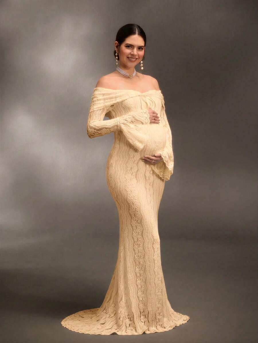 Cheriluna Maternity 聖誕派對洋裝/優雅派對洋裝/嬰兒洗禮派對洋裝 優雅露肩白色蕾絲長袖超長魚尾禮服,適合婚禮、派對 - 黃色 - 查看 1