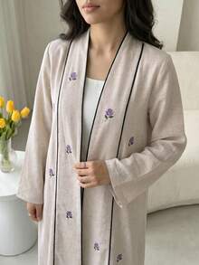 Veilorie Women's Embroidered Long Sleeve Loose Fit Arabic Decent Casual Modest Elegant Abaya Formal Beige Allover White Fall Christening Guest Office Ninang - Apricot - View 7