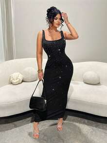SHEIN SXY Plus-Size Black High-Elastic Knit Rhinestone Embellished Backless Slim-Fit U-Neck Halter Sleeveless Cocktail Dress, Sexy And Elegant - Black - View 7