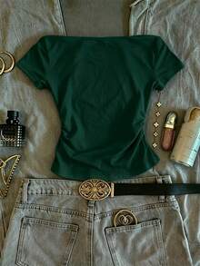 IslaSuriya Camiseta ajustada con hombros descubiertos y fruncido estilo brasileño - Verde - Ver 2
