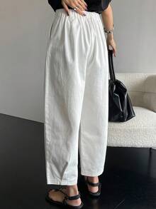 DAZY Women's Solid Color Button Pleated Casual Pants, Spring/Summer Petite - White - View 5