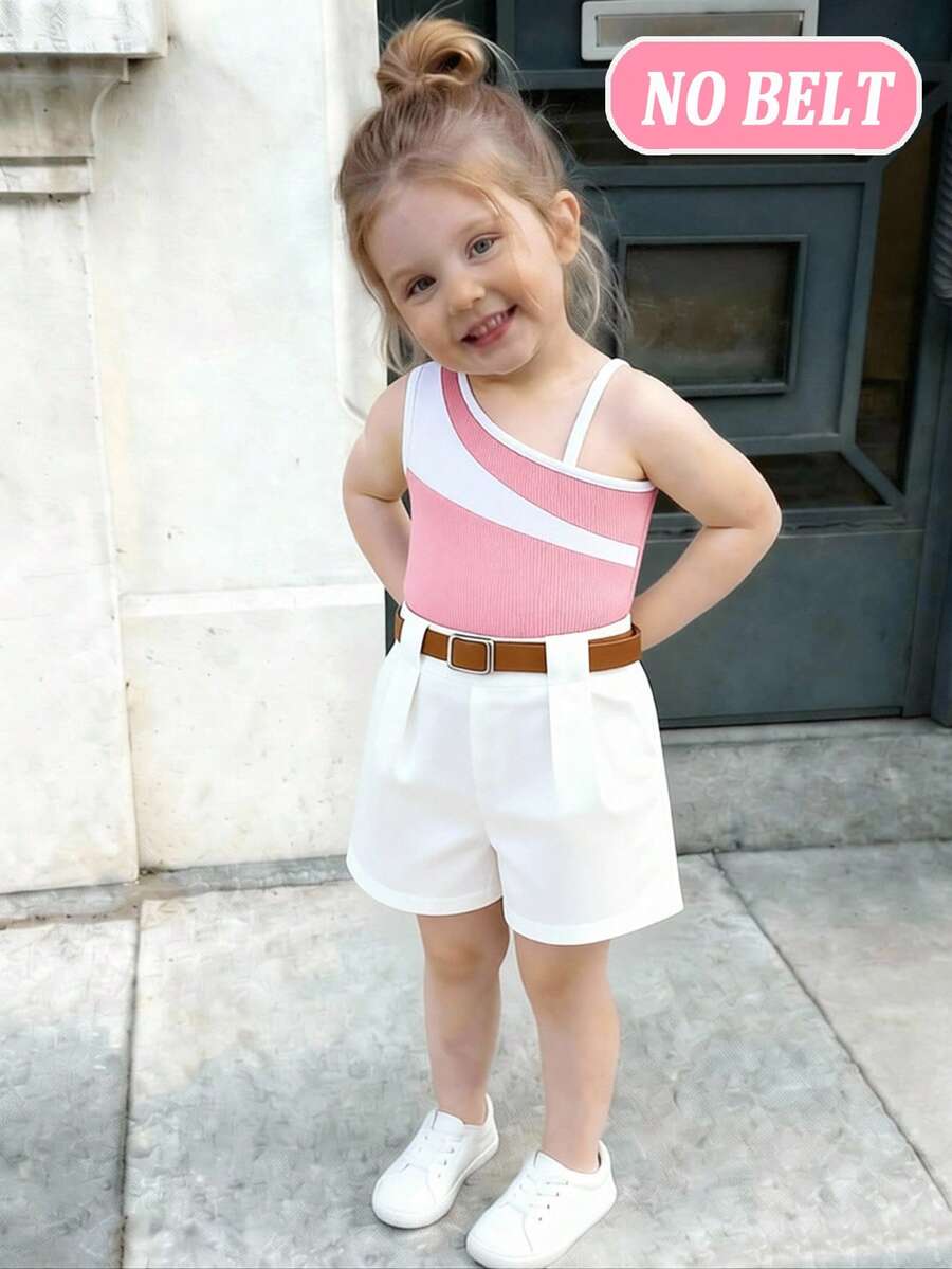 Elladie kids 女嬰休閒拼色不對稱領上衣與套裝短褲套裝，適合夏季