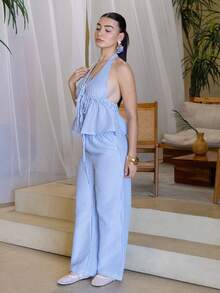 Andrea Bello Women 2 Pieces Set:Striped Print Twist Backless Halter Top And Drawstring Pants, Casual Summer Elegant - Blue - View 4