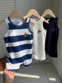 SHEIN Mameluco casual de cuello redondo con bloques de color para bebé niño, para uso diario y salidas - Azul y blanco - Ver 4