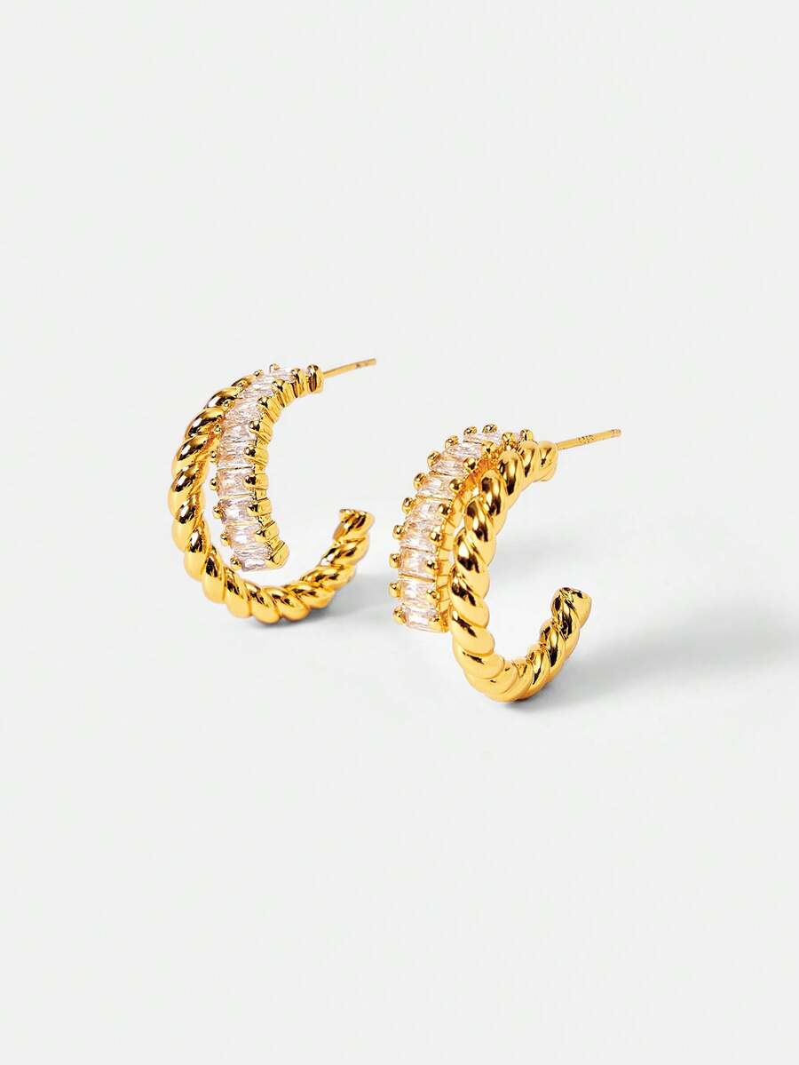 MOTF PREMIUM Pre Gold Simple Texture Crossed Microencrusted Stone Earrings - Gold - View 2