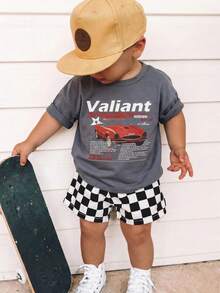 SHEIN 2pcs/Set Baby Boy Summer Cute Casual Knitted Printed Short Sleeve T-Shirt And Elastic Waist Checkered Pattern Shorts Set, Racing Set, Checkered Set, Infant Set, Summer Set, Cute Set - Multicolor - View 1