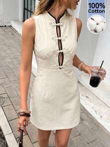 Serisse Women's Elegant Retro 80s And 90s 70s Retro Sleeveless Short Dress With Frog Button Design Tea Party Brunch Date Party Black And White Summer - Apricot - View 4