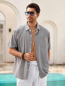 Mercer Haus Hawaiian Style Linen Loose Casual Men's Henley Collar Short Sleeve Shirt - Grey - View 4