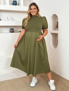 Plussiva Plus Size Maternity Vacation Textured Pleated Puff Sleeve Fashion Dress Photoshoot Summer Elegant Casual Baby Shower - Army Green - View 7